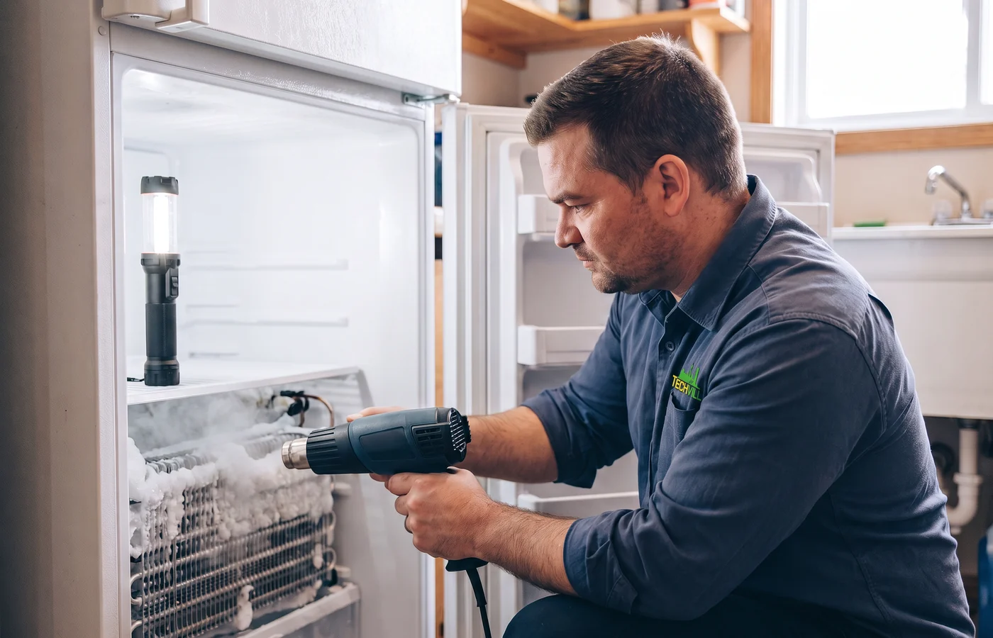 TechVill technician repairing a freezer fridge