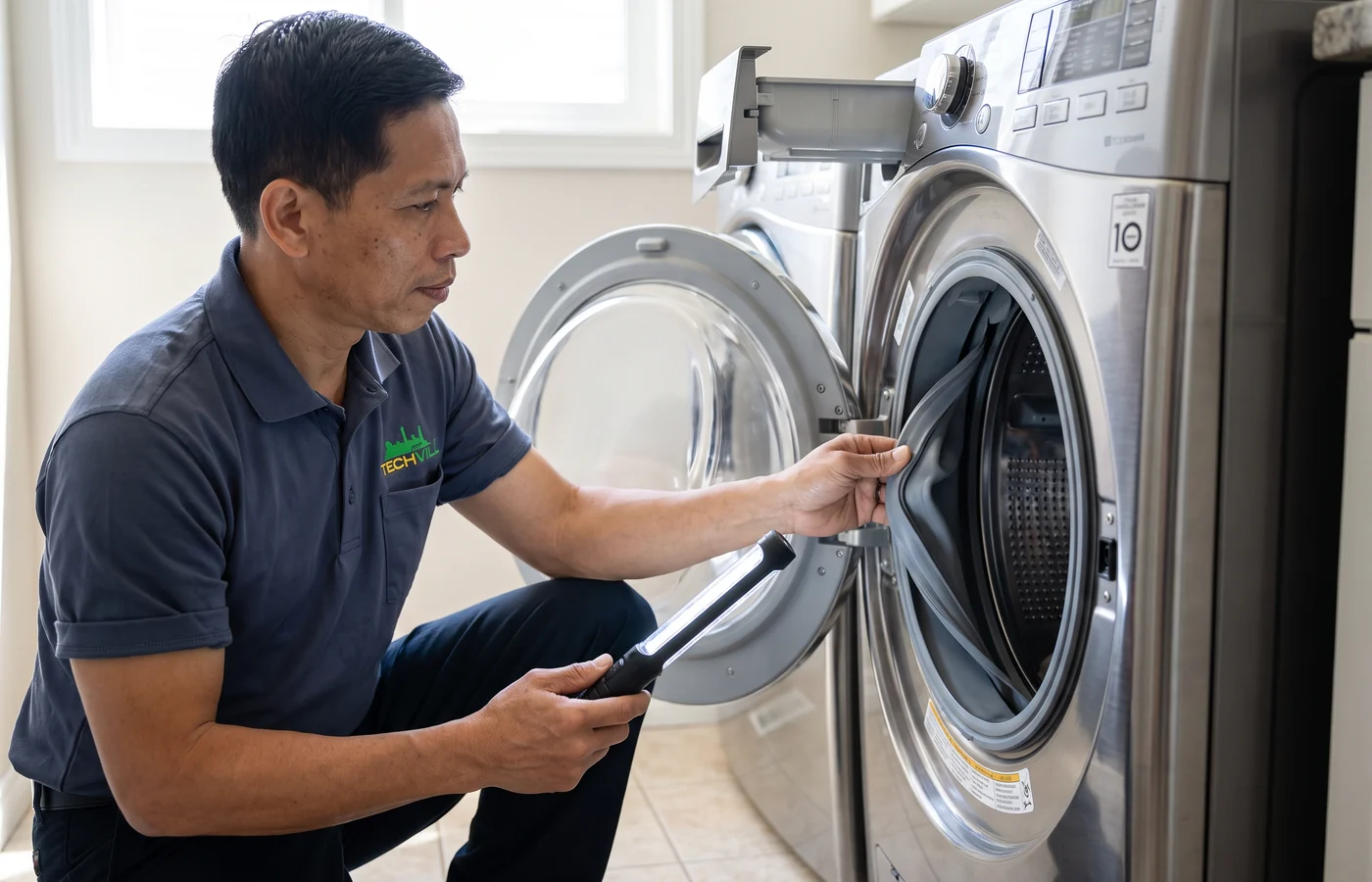 TechVill technician repairing a front-load washer