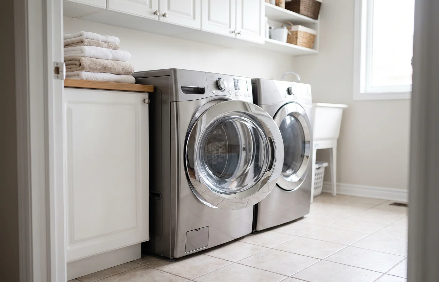 Front-load washer in a laundry room