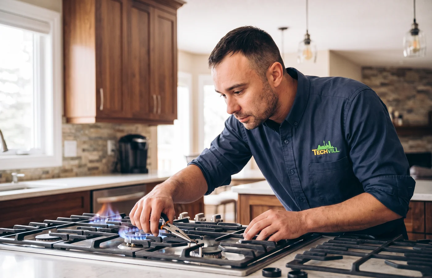 TechVill technician repairing a gas cooktop