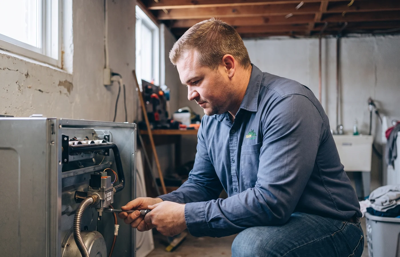 TechVill technician repairing a gas dryer