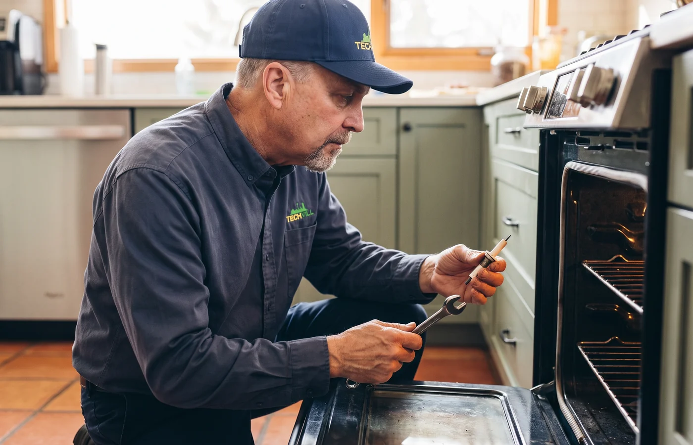 TechVill technician repairing a gas oven