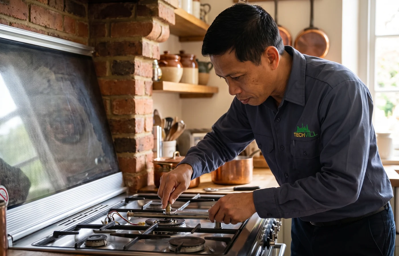 TechVill technician repairing a gas range