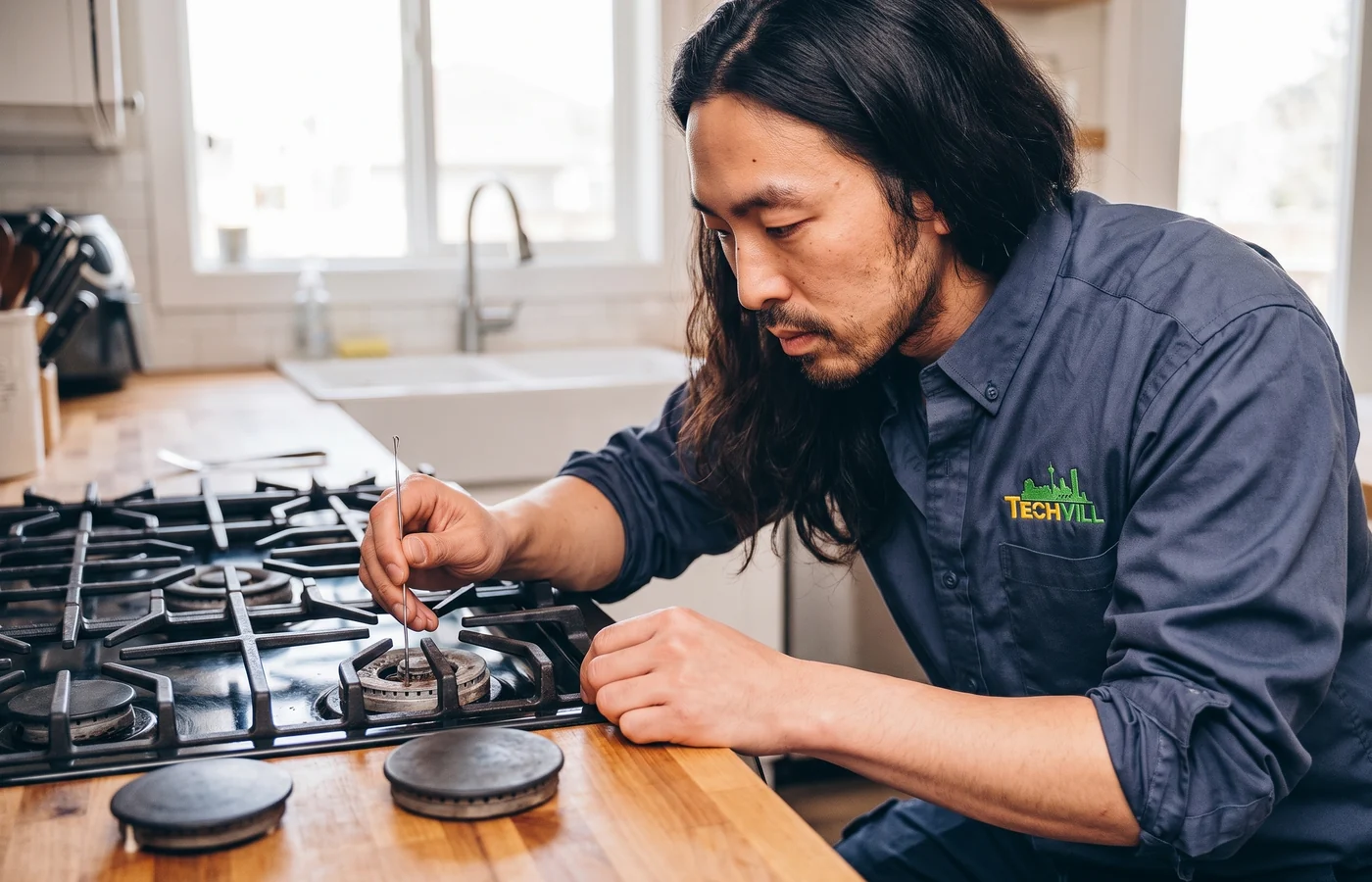 TechVill technician repairing a gas stove