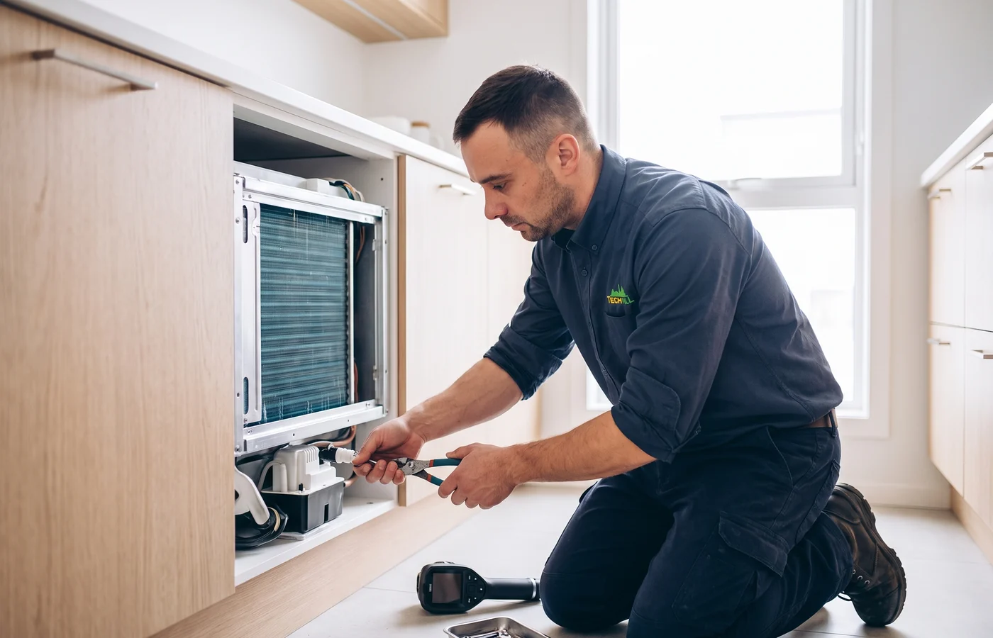 TechVill technician repairing a heat-pump dryer