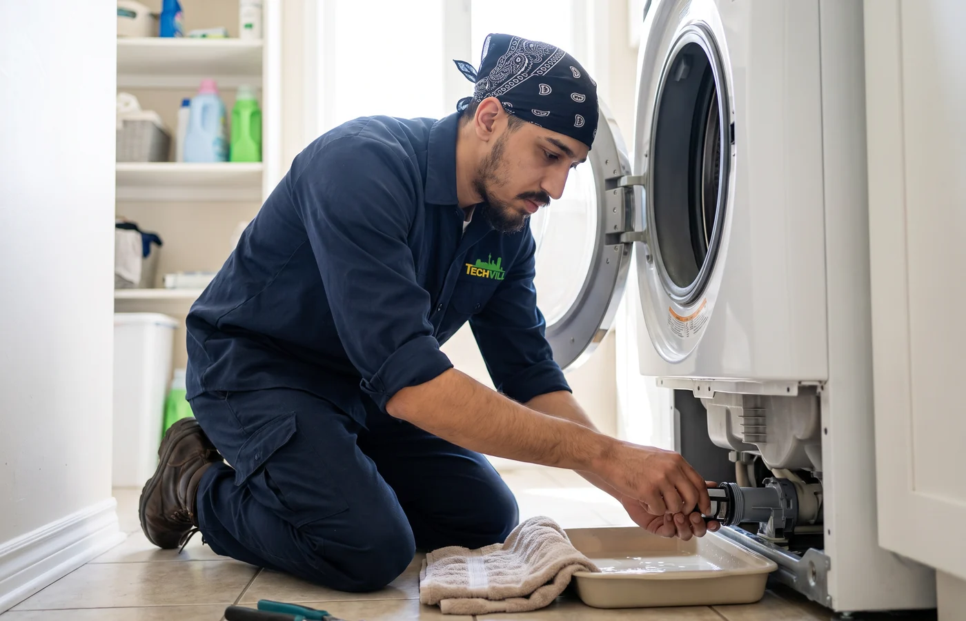 TechVill technician repairing a high-efficiency washer