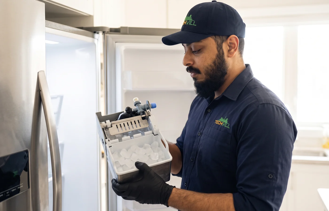 TechVill technician repairing an ice-maker fridge