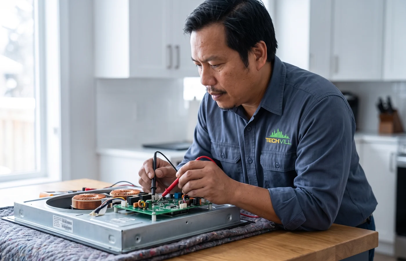 TechVill technician repairing an induction cooktop