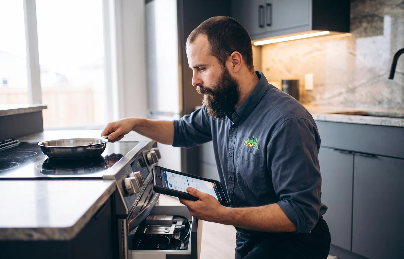 TechVill technician repairing an induction stove