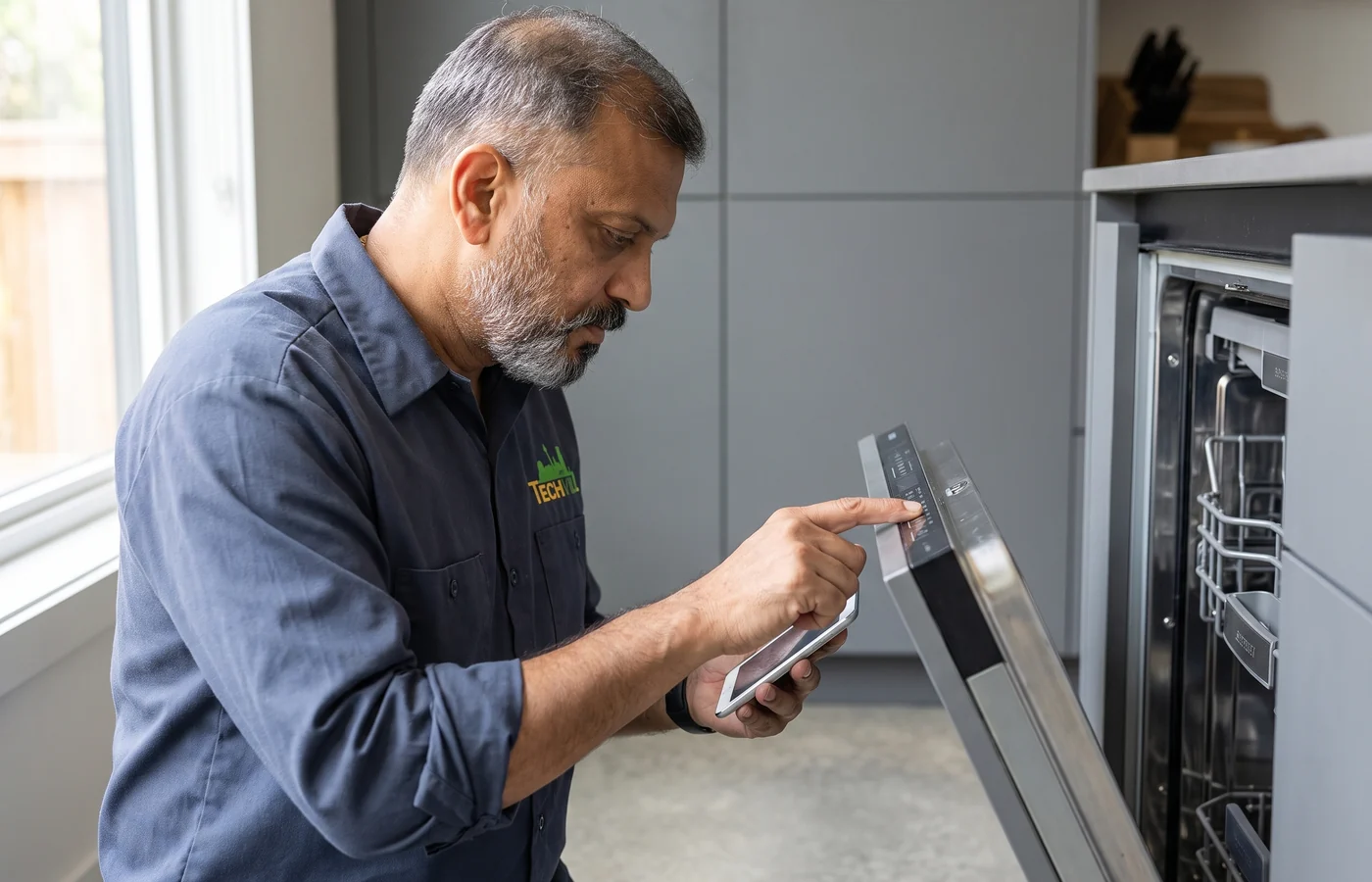 TechVill technician repairing an integrated dishwasher