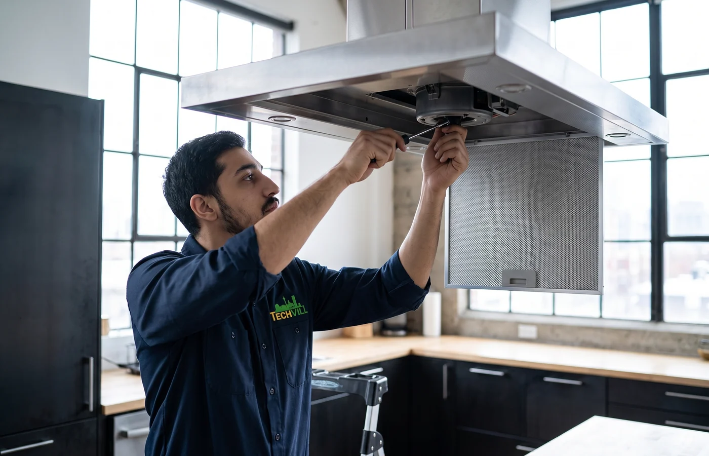 TechVill technician repairing an island hood fan