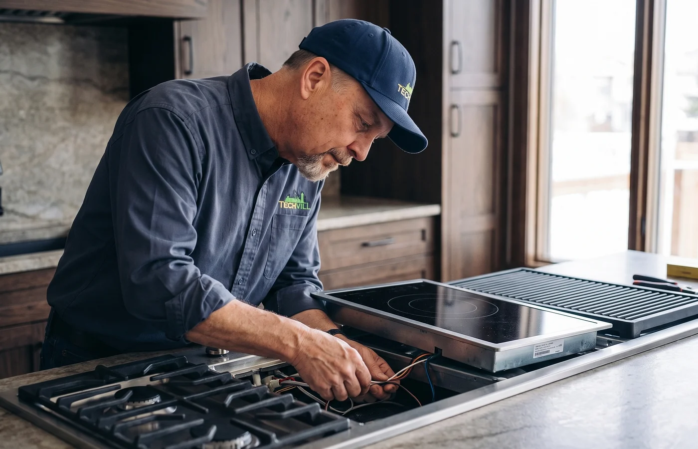 TechVill technician repairing a modular cooktop