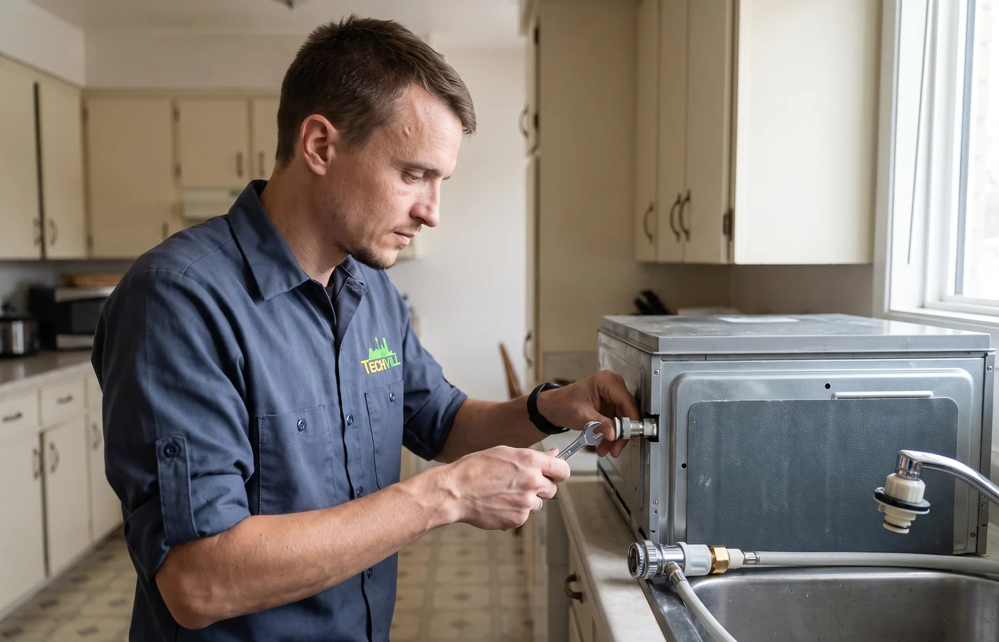 TechVill technician repairing a portable dishwasher