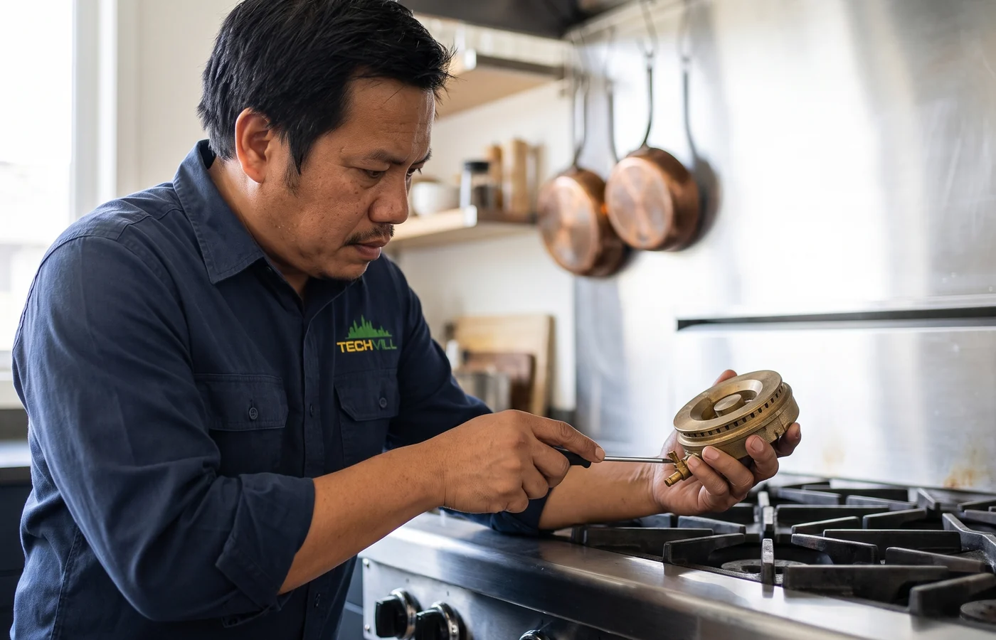 TechVill technician repairing a pro-style range