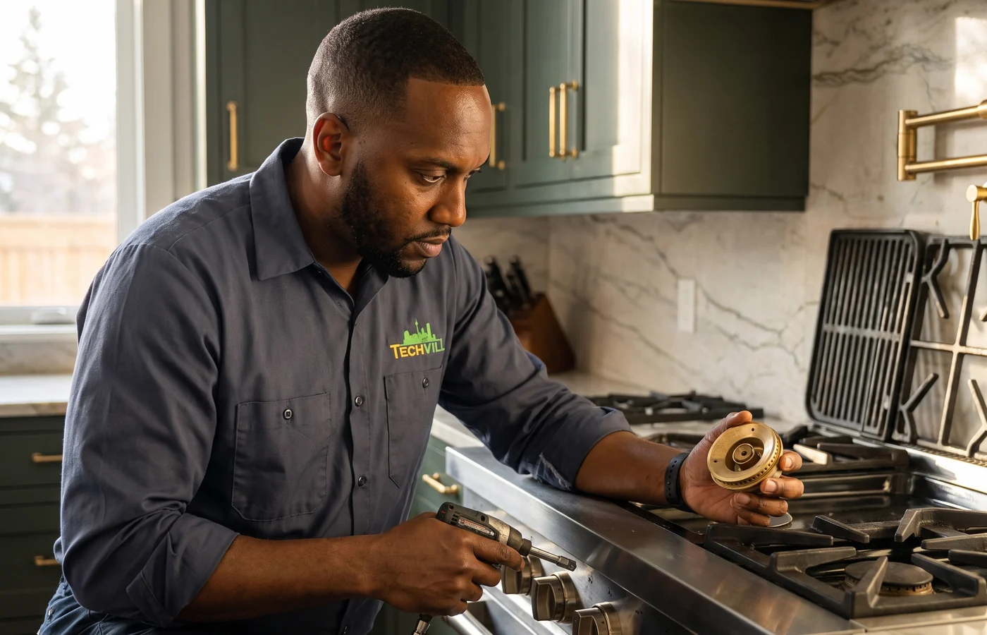 TechVill technician repairing a pro-style stove