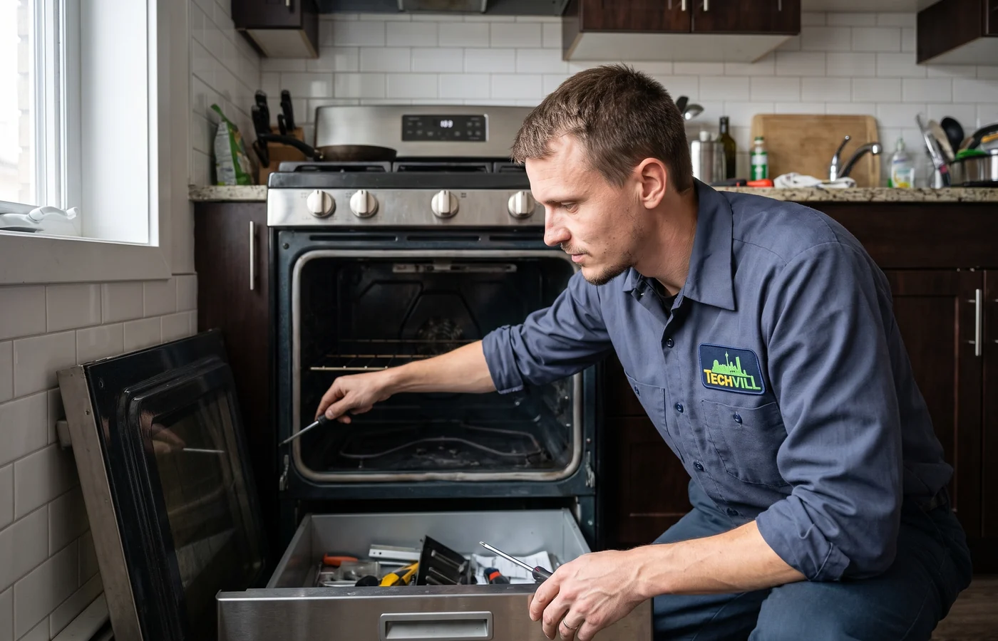TechVill technician repairing a range oven