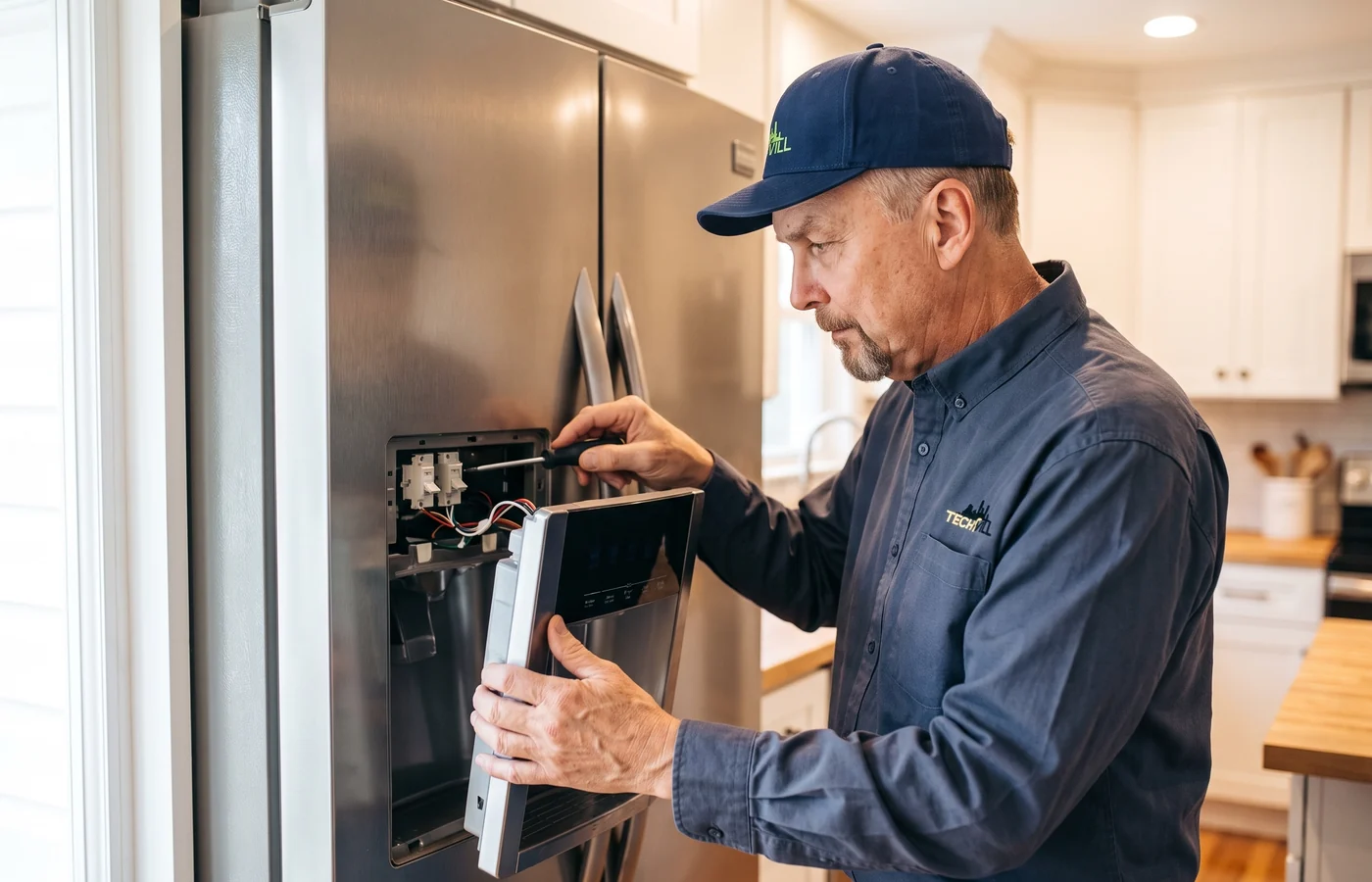 TechVill technician repairing a side-by-side fridge