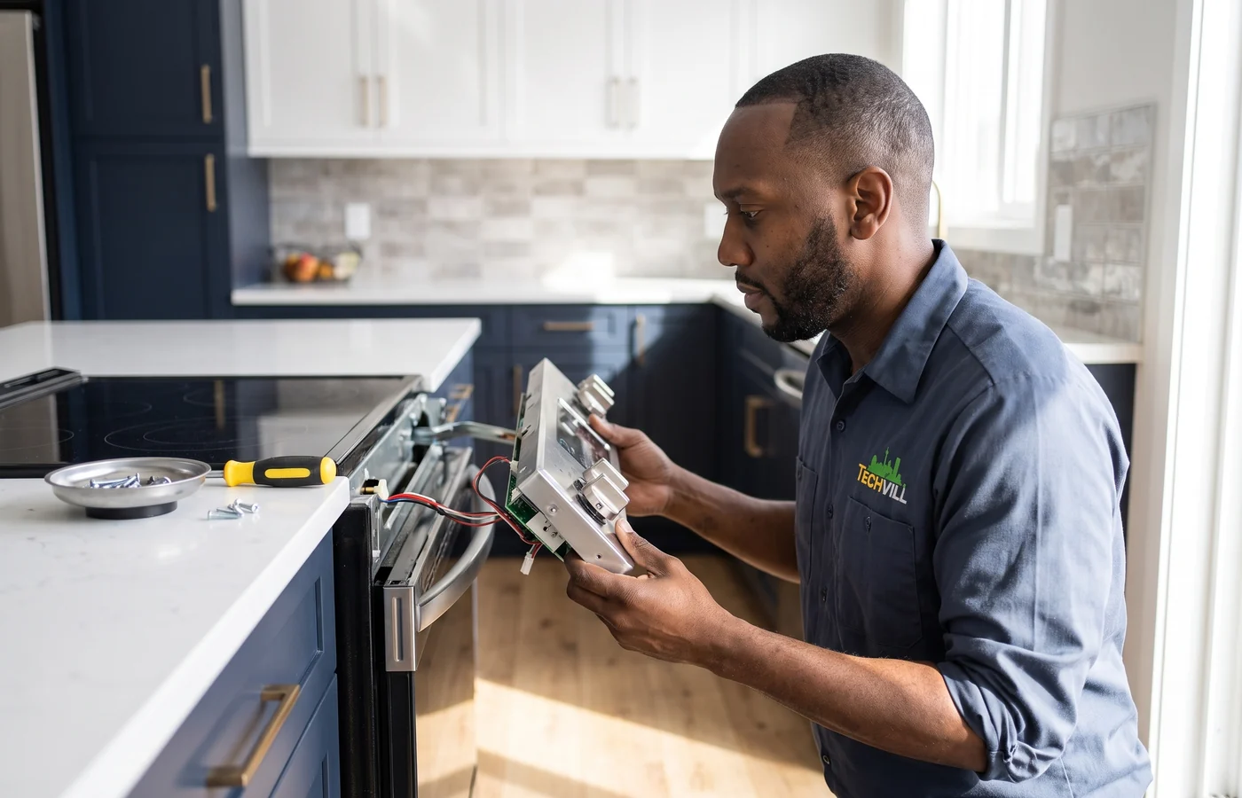 TechVill technician repairing a slide-in range