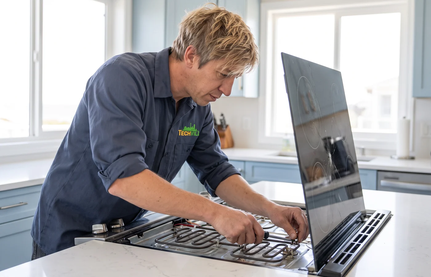 TechVill technician repairing a smooth-top stove