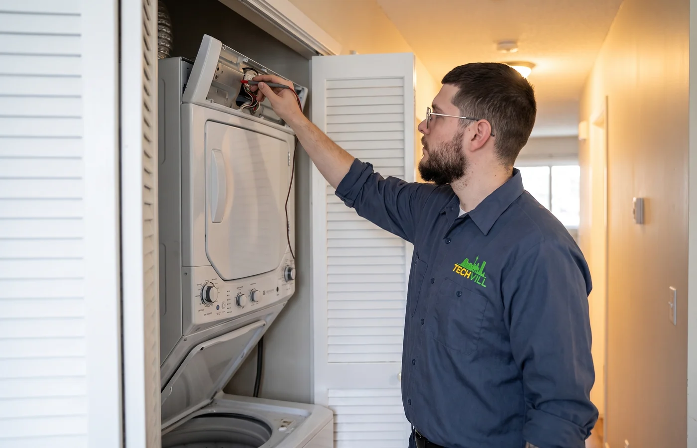 TechVill technician repairing a stacked dryer