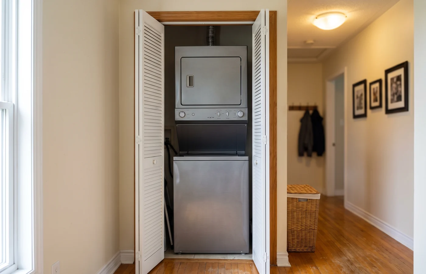 Stacked dryer in a laundry room