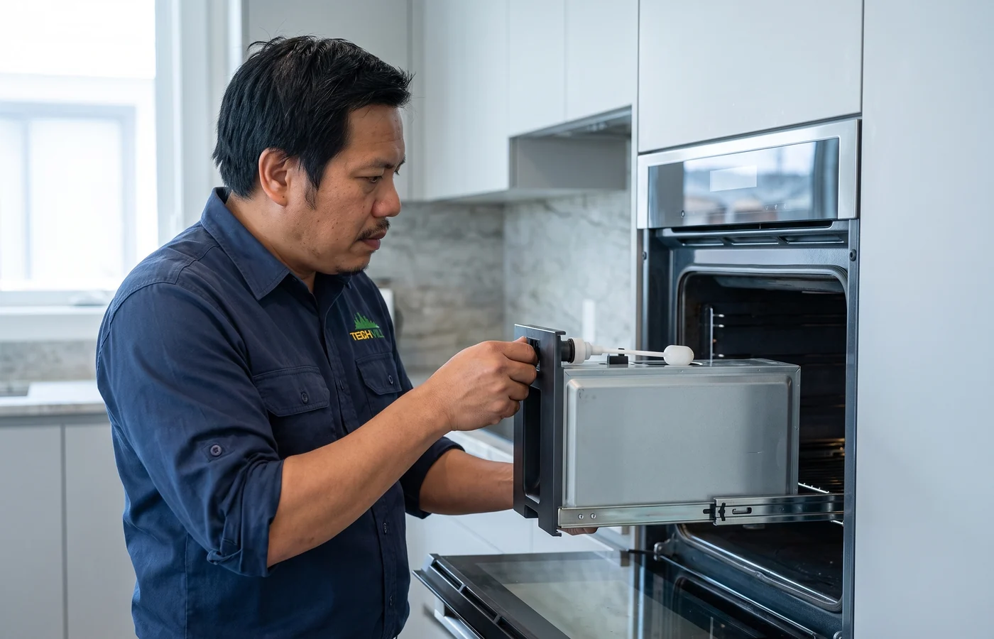 TechVill technician repairing a steam oven
