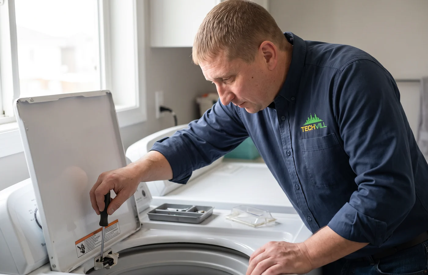 TechVill technician repairing a top-load washer