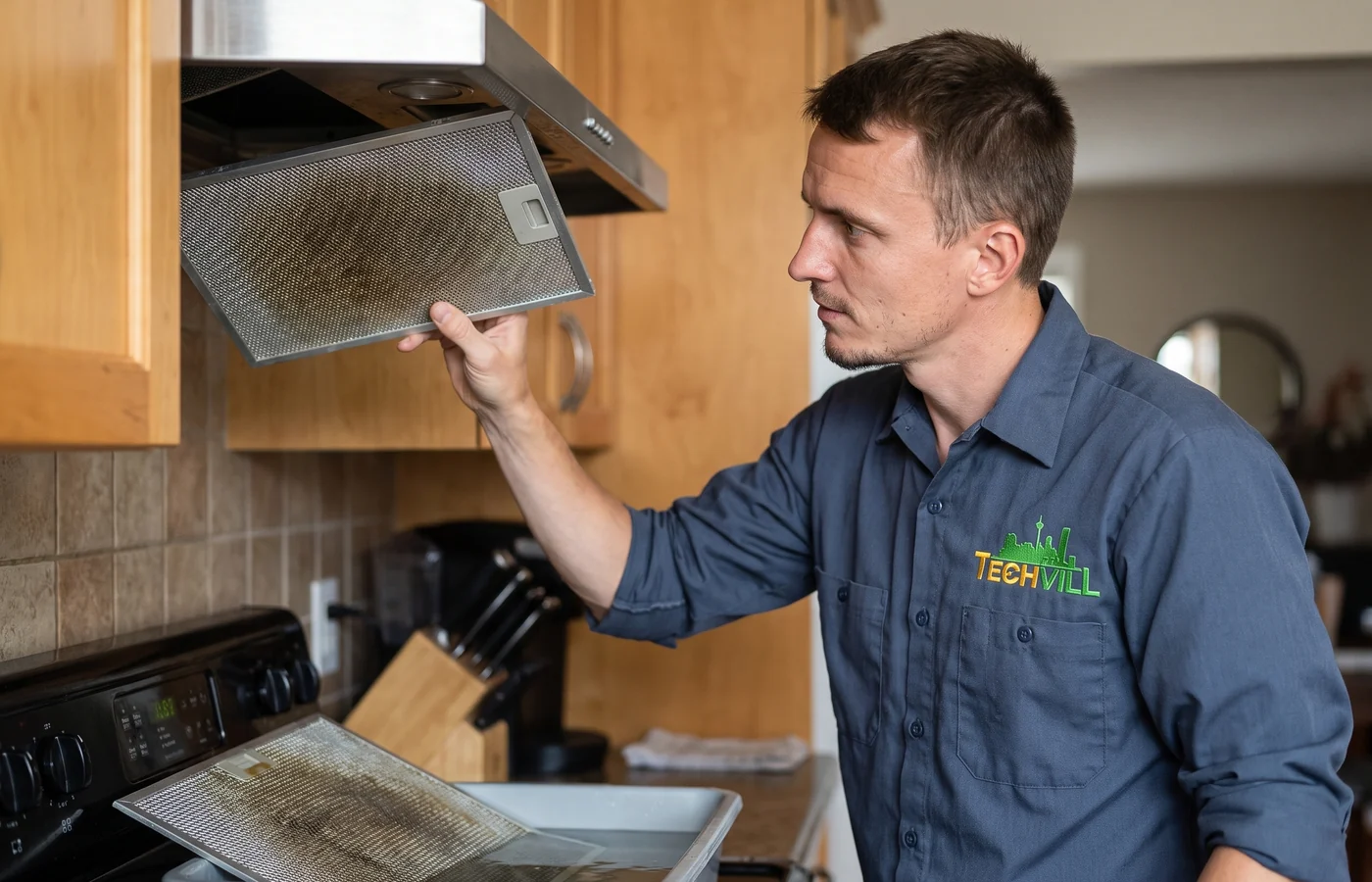 TechVill technician repairing an under cabinet hood fan