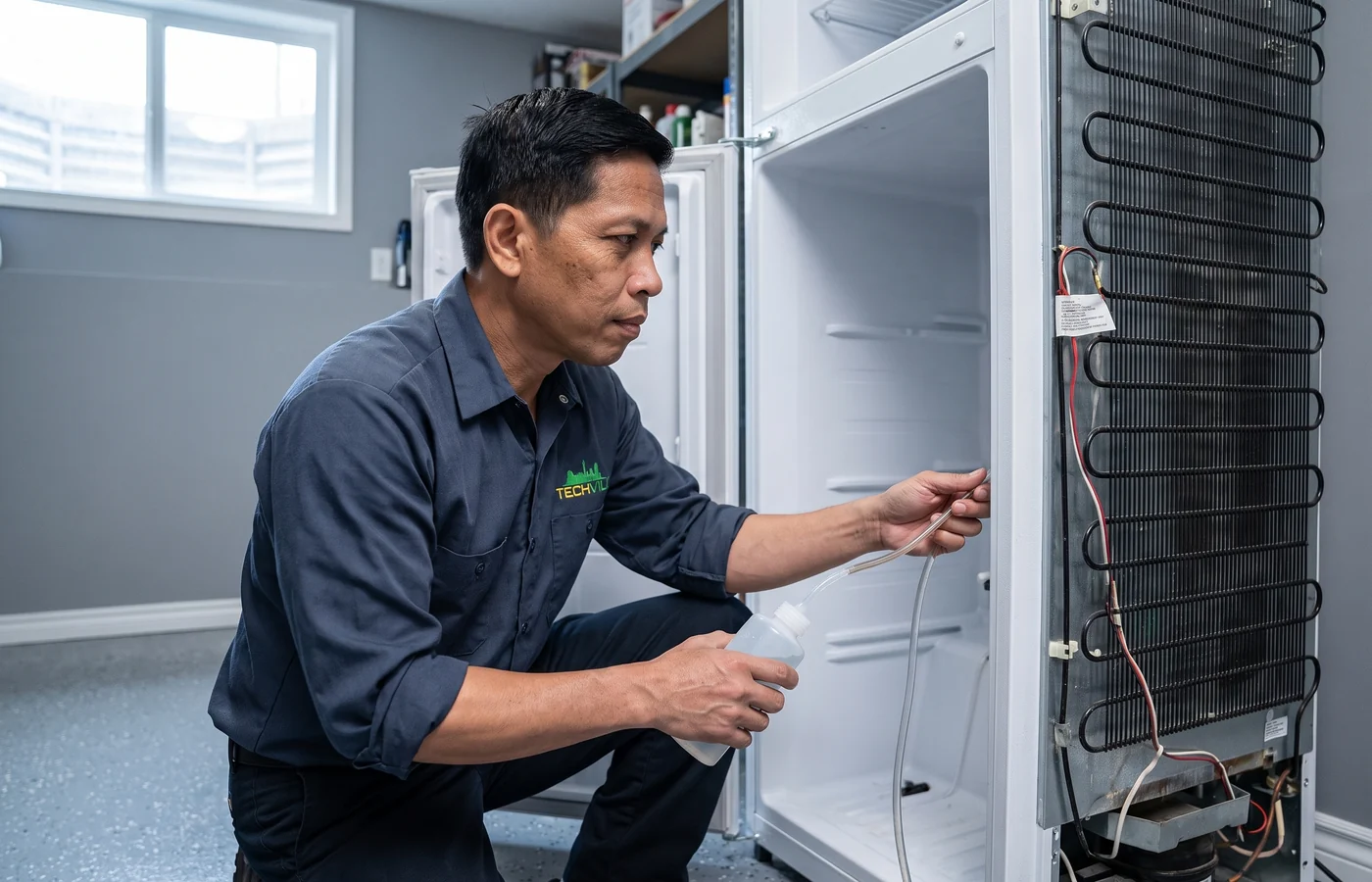 TechVill technician repairing an upright freezer