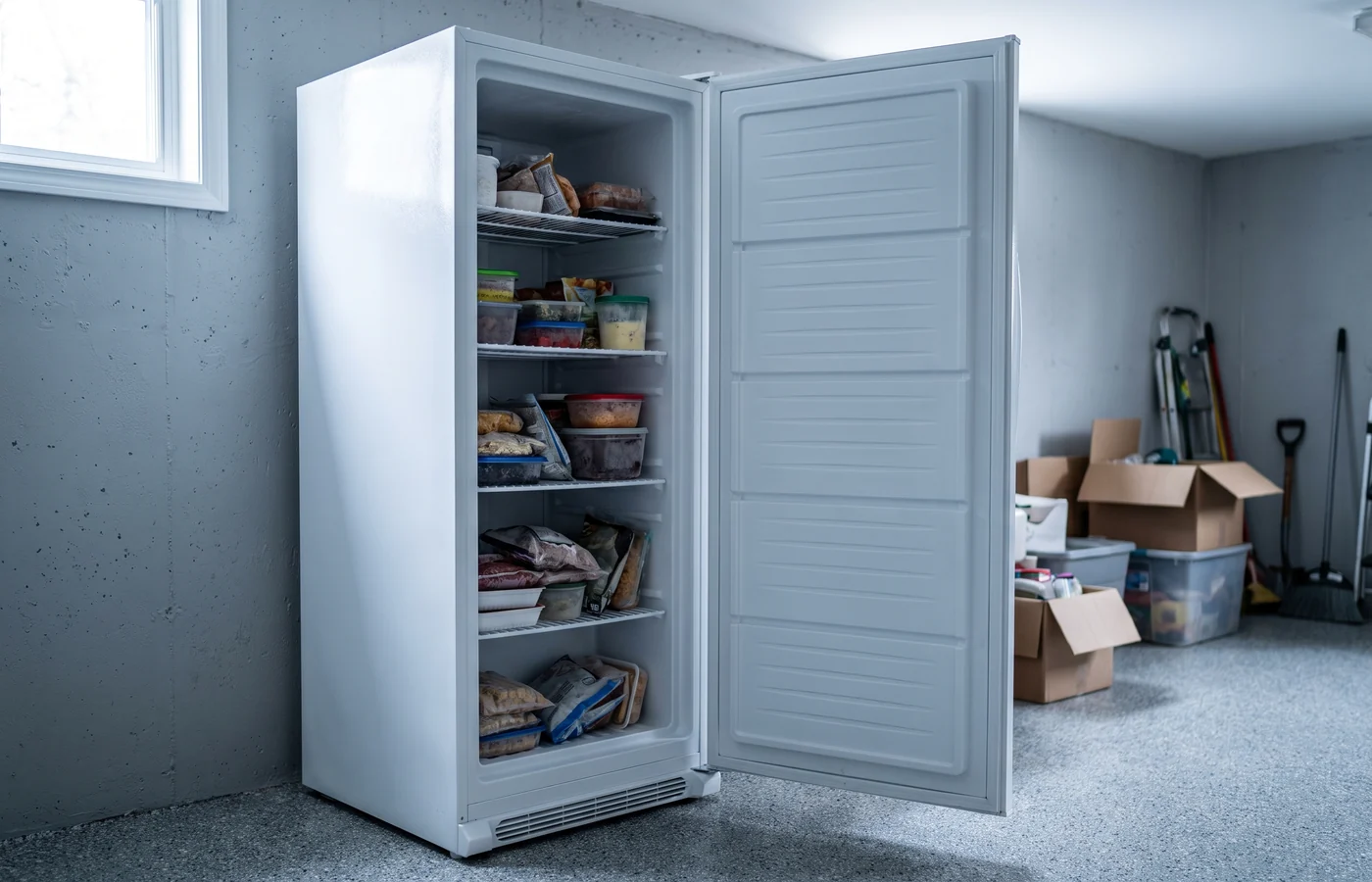 Upright freezer in a Canadian home