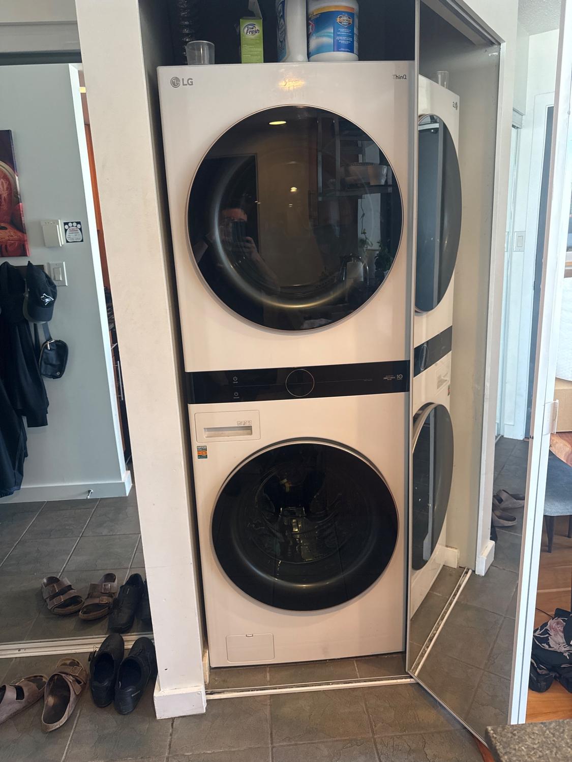 LG WashTower single-unit washer and dryer in a Yaletown, Vancouver condo closet before suspension repair