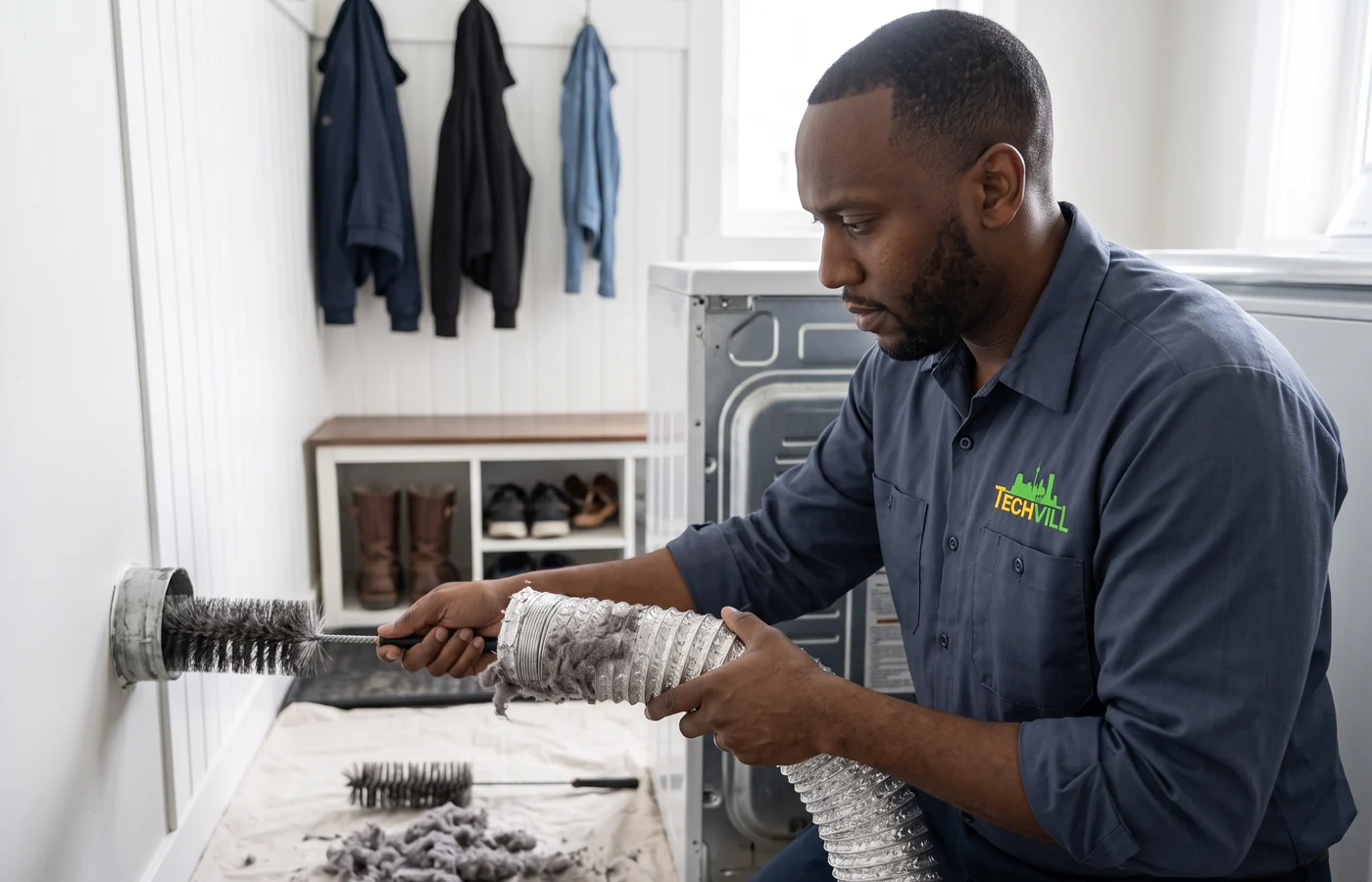 TechVill technician repairing a vented dryer
