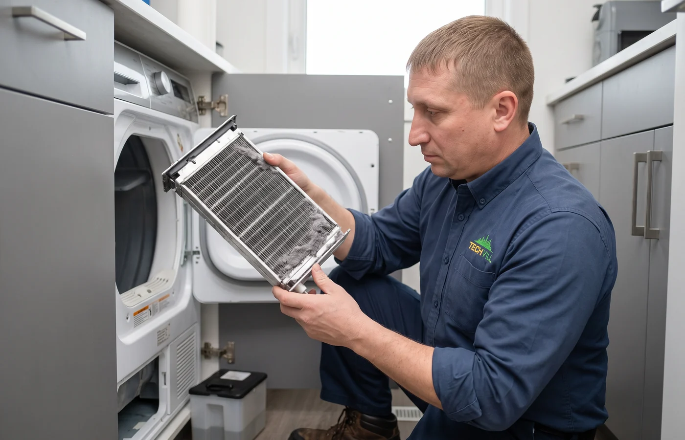 TechVill technician repairing a ventless dryer