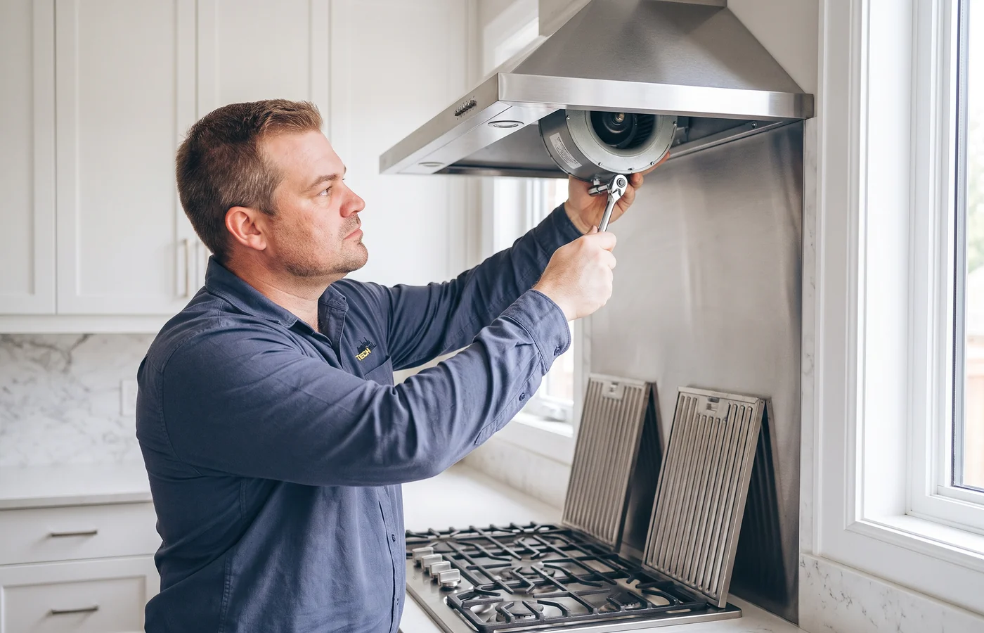 TechVill technician repairing a wall-mount hood fan