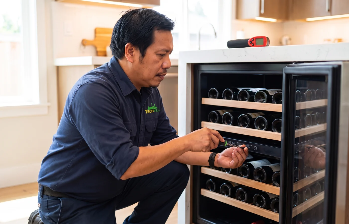 TechVill technician repairing a wine cooler fridge