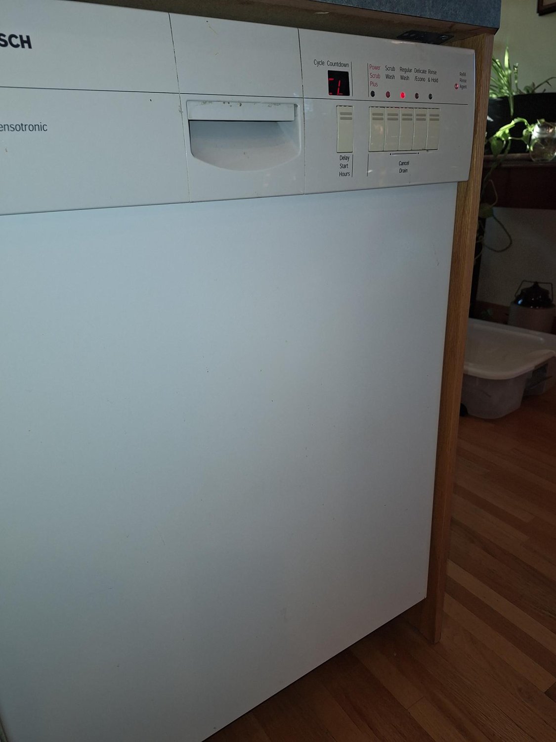 Bosch dishwasher control panel with cycle countdown display during diagnostic testing in Calgary