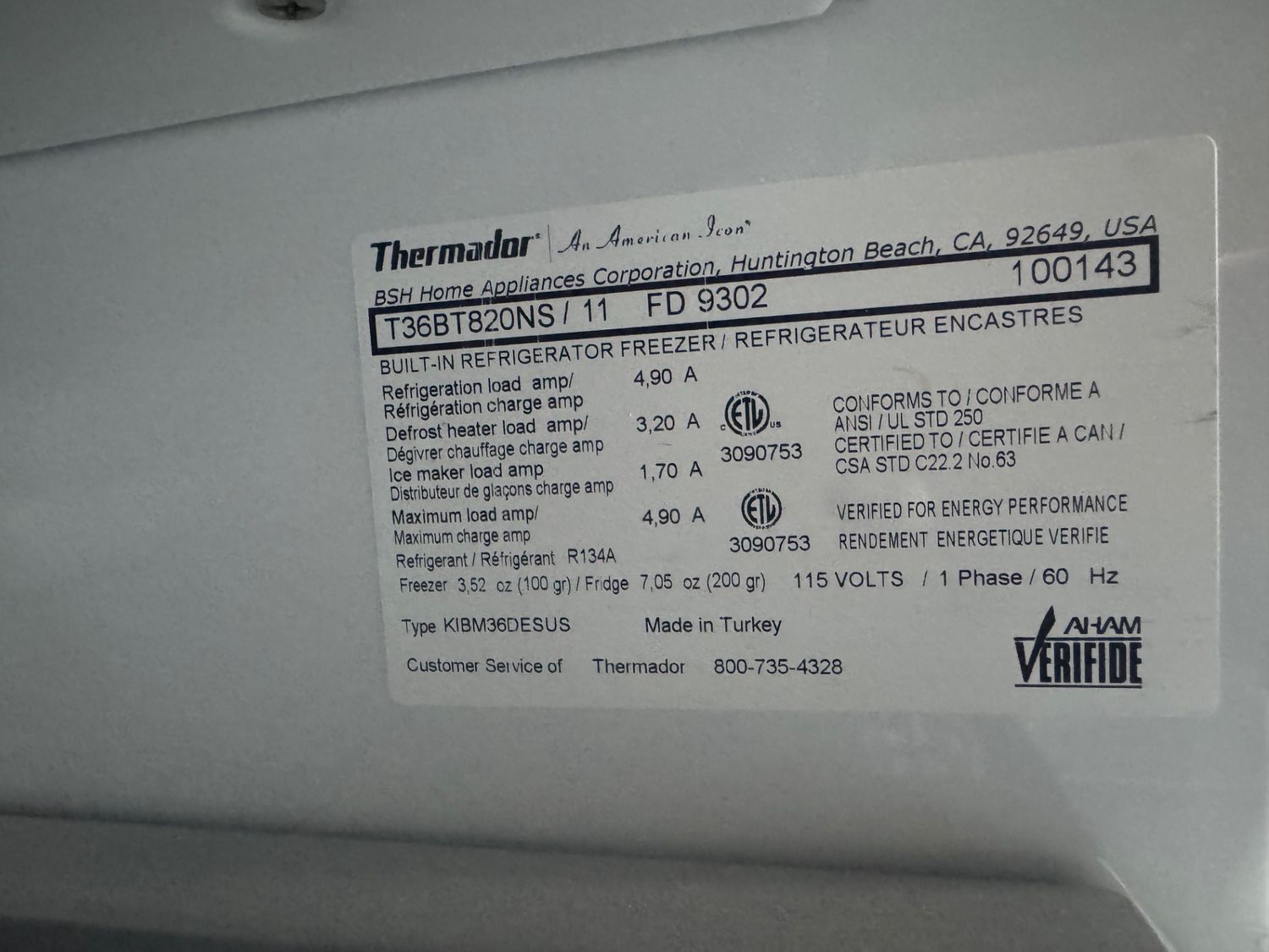 Thermador T36BT820NS/11 built-in refrigerator freezer rating plate showing separate freezer and fridge refrigerant charges