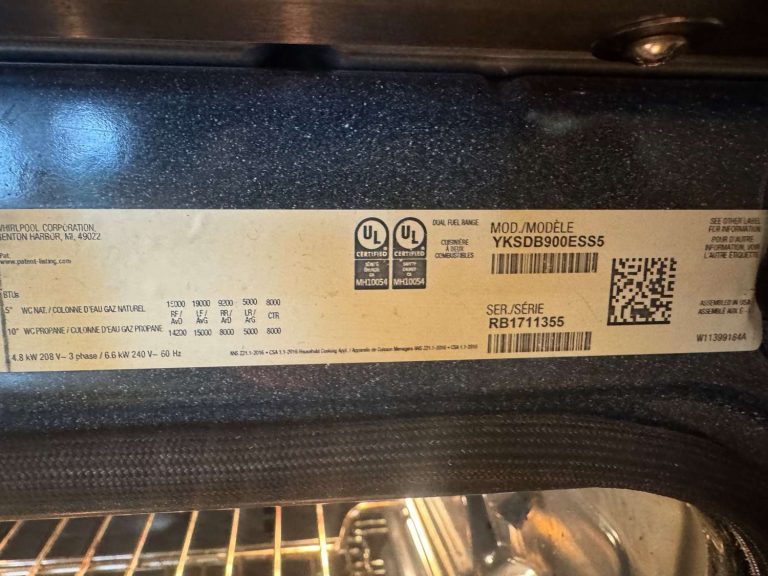 KitchenAid YKSDB900ESS5 dual-fuel range rating plate showing different BTU ratings for each cooktop burner position