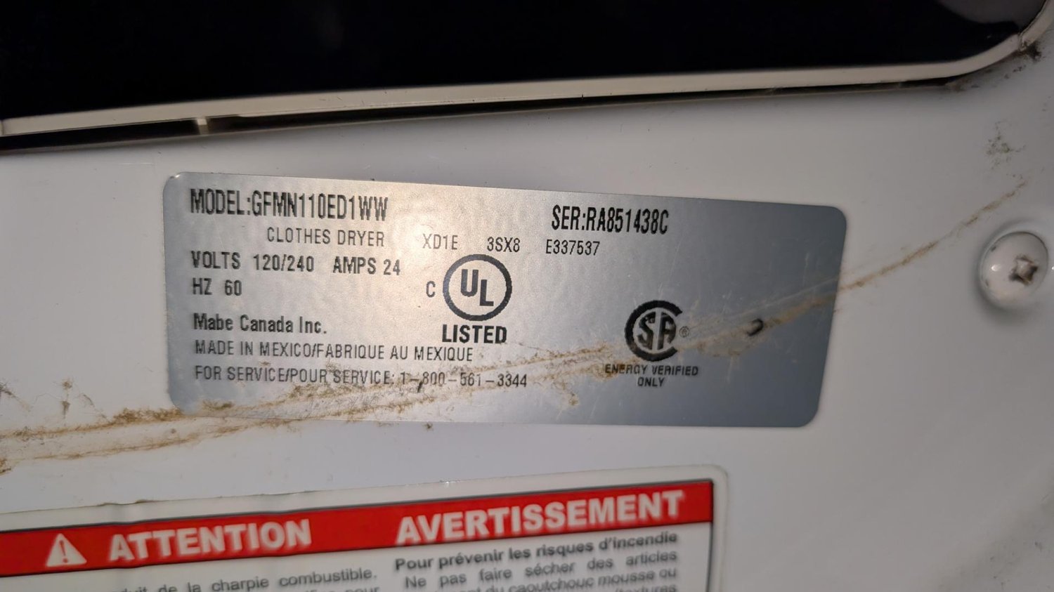 Rating plate of a GE GFMN110ED1WW clothes dryer, 120/240 volt, 24 amp, inspected during a service call in Ottawa