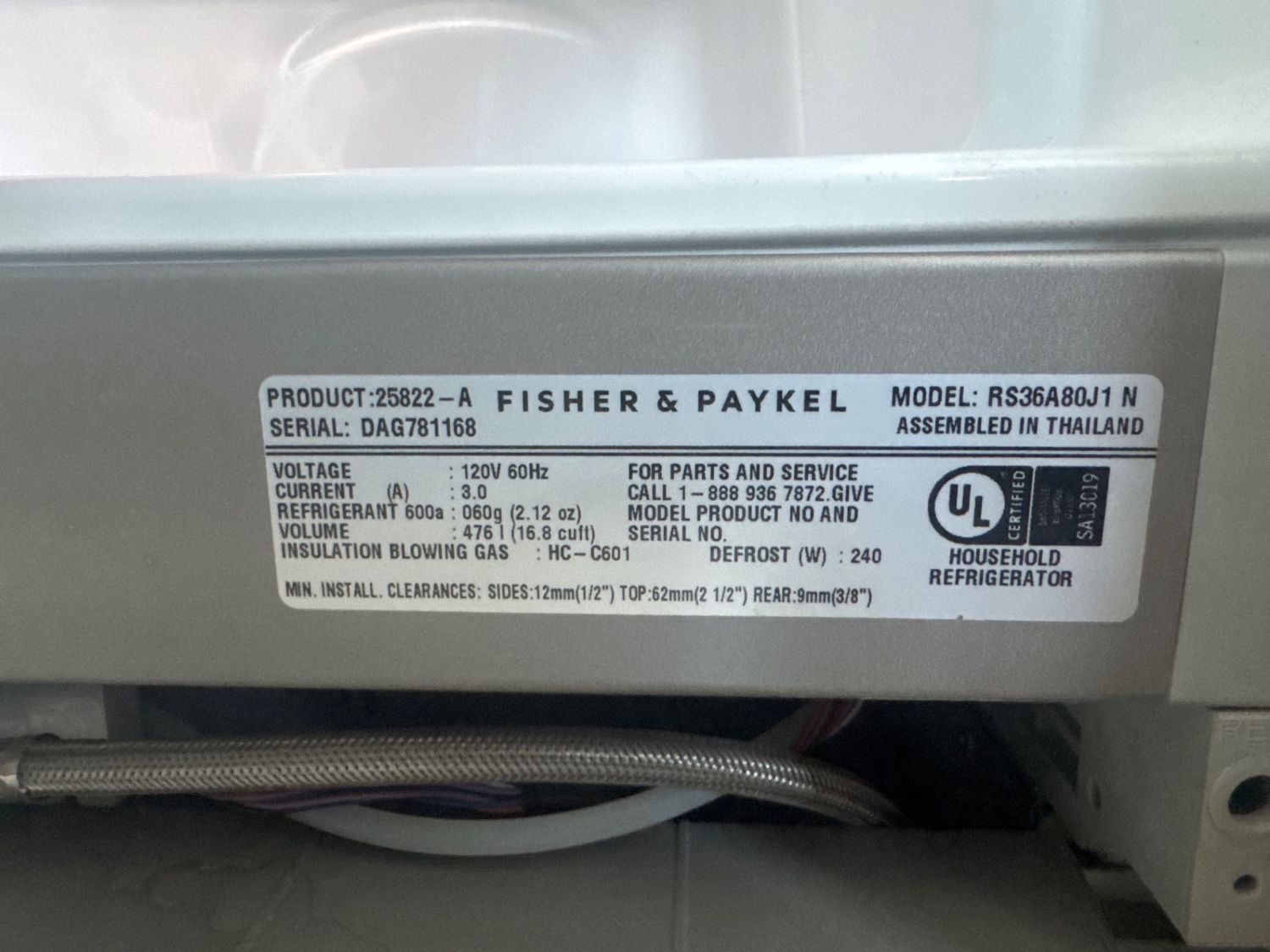 Fisher & Paykel RS36A80J1N rating plate listing a 240 W defrost heater and R600a refrigerant charge